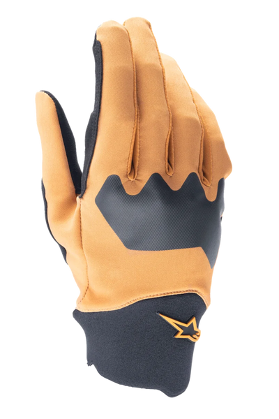Alpinestars A-Supra Gloves, Mountain Bike Gloves, Dark Gold and Black, flexible spandex backhand with neoprene cuff, featuring an orange star logo, durable off-road cycling gear
