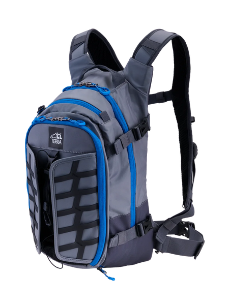 Alpinestars AT-15 Back Pack, Adventure Motorcycle Backpack, Dark Gray and Deep Gray with bright blue zipper trim, front-quarter view showing the 'ALL TERRA' logo, expandable front panel, and technical ergonomic strap system.