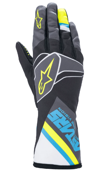 Alpinestars Tech-1 K Race V2 Graphic Karting Gloves, Black, Cyan, and Yellow Fluo, lightweight mesh construction.
