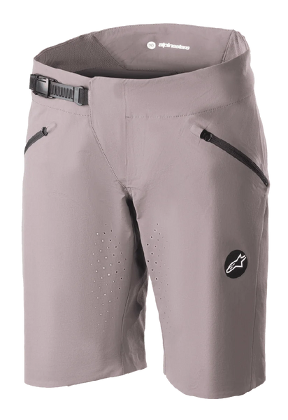 Alpinestars Women's Stella Drop Algorithm Shorts, MTB Mountain Biking Shorts, Sparrow Gray, featuring black ratchet waistband closure, zippered front pockets, laser-perforated ventilation holes, and circular logo emblem, performance cycling gear