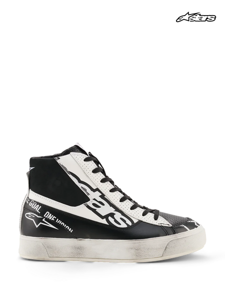 Alpinestars Stella Stated Flair Shoes, women's urban motorcycle riding shoes in black and white, high-top silhouette with TPF ankle protection and CE certification, side profile view showing hand-applied worn finish and vulcanized rubber sole