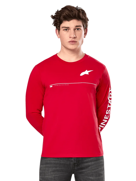 Alpinestars Committed CSF Long Sleeve Tee, Red, worn by a model, featuring white Astars chest logo and Alpinestars sleeve graphic, horizontal white chest line, casual motorsport-inspired streetwear