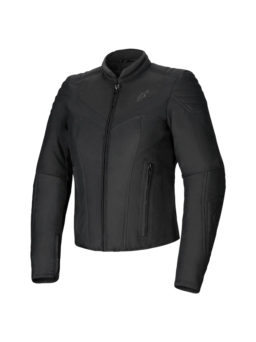 Alpinestars Isla WR Women's Jacket, Black, slim-fit textile motorcycle jacket, matte finish with quilted accents on shoulders and forearms, front zipper closure, two zippered pockets, high biker collar, contemporary urban riding gear