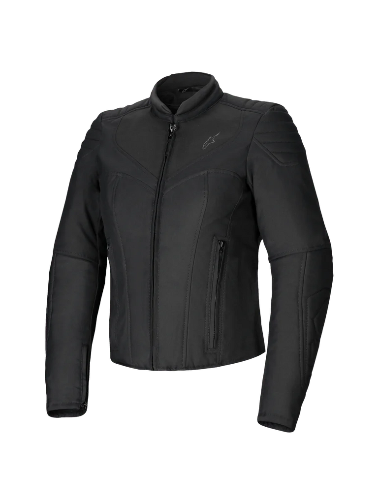 Alpinestars Isla WR Women's Jacket, Black, slim-fit textile motorcycle jacket, matte finish with quilted accents on shoulders and forearms, front zipper closure, two zippered pockets, high biker collar, contemporary urban riding gear