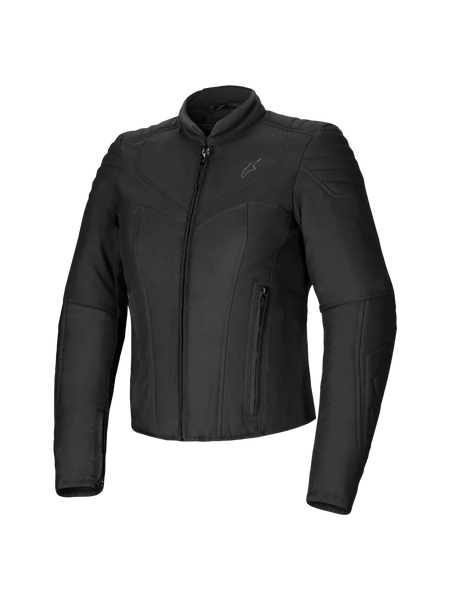 Alpinestars Isla WR Women's Jacket, Black, slim-fit textile motorcycle jacket, matte finish with quilted accents on shoulders and forearms, front zipper closure, two zippered pockets, high biker collar, contemporary urban riding gear