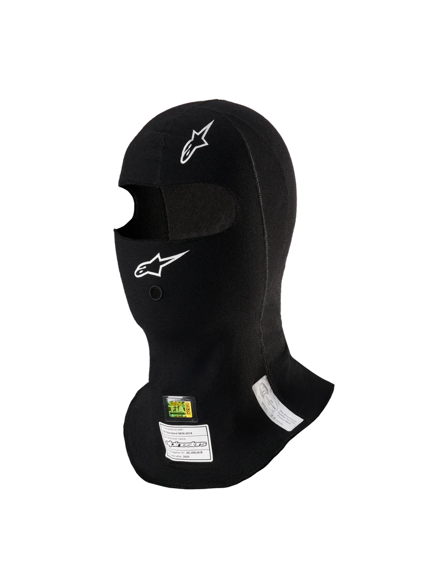 Alpinestars ZX Evo V3 Balaclava, Black, flame-resistant auto racing head sock, featuring white Alpinestars logos, hydration tube port, and FIA/SFI homologation tags, lightweight and ergonomic design for motorsport use