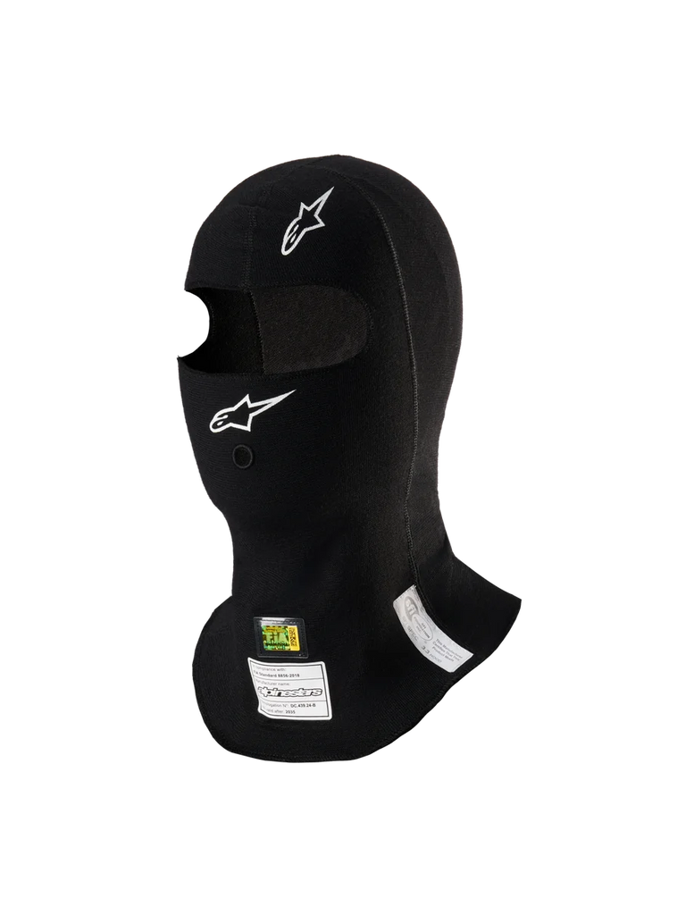 Alpinestars ZX Evo V3 Balaclava, Black, flame-resistant auto racing head sock, featuring white Alpinestars logos, hydration tube port, and FIA/SFI homologation tags, lightweight and ergonomic design for motorsport use