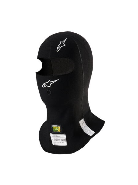 Alpinestars ZX Evo V3 Balaclava, Black, flame-resistant auto racing head sock, featuring white Alpinestars logos, hydration tube port, and FIA/SFI homologation tags, lightweight and ergonomic design for motorsport use