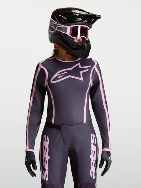 Alpinestars Stella Fluid Apex V2 Jersey, women's motocross gear in gray and pink with an ergonomic athletic fit.
