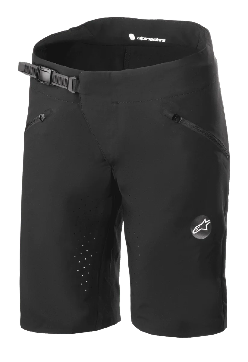 Alpinestars Women Stella Drop Algorithm Shorts, Mountain Biking Shorts, Black, featuring ratchet waistband closure, zippered front pockets, laser-perforated inseams for ventilation, lightweight performance fabric with Alpinestars logo on the leg
