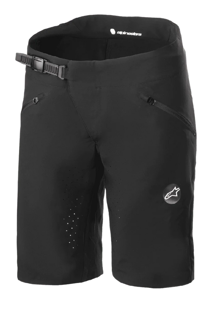 Alpinestars Women Stella Drop Algorithm Shorts, Mountain Biking Shorts, Black, featuring ratchet waistband closure, zippered front pockets, laser-perforated inseams for ventilation, lightweight performance fabric with Alpinestars logo on the leg