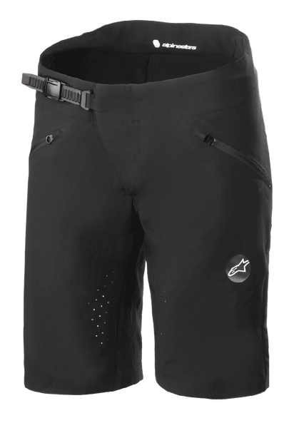 Alpinestars Women Stella Drop Algorithm Shorts, Mountain Biking Shorts, Black, featuring ratchet waistband closure, zippered front pockets, laser-perforated inseams for ventilation, lightweight performance fabric with Alpinestars logo on the leg