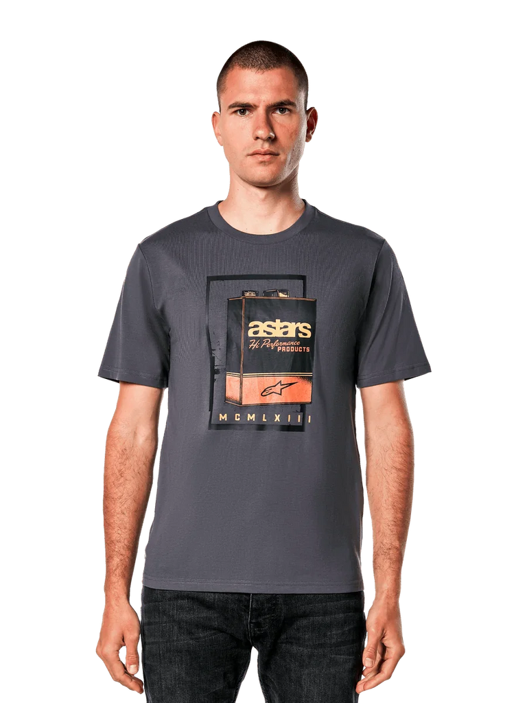 Alpinestars Galun CSF Tee, Charcoal Gray Short Sleeve T-Shirt, featuring a vintage gas can graphic with orange and white astars branding, casual motorsport-inspired streetwear