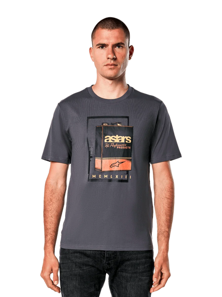Alpinestars Galun CSF Tee, Charcoal Gray Short Sleeve T-Shirt, featuring a vintage gas can graphic with orange and white astars branding, casual motorsport-inspired streetwear