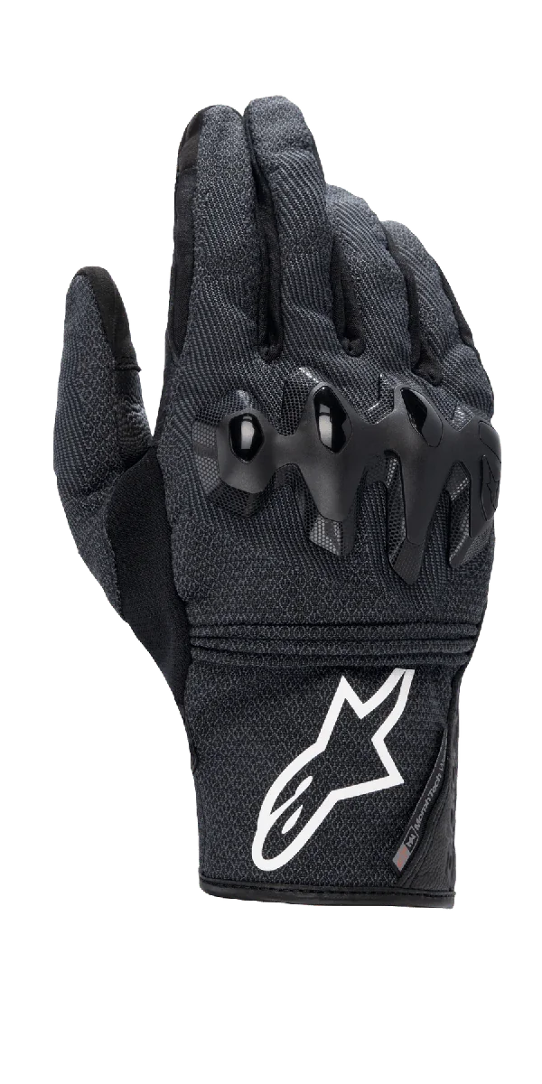 Alpinestars Morph Street Gloves, Black Short-Cuff Motorcycle Gloves, Textured MorphTech Weave fabric with glossy black knuckle protection, prominent white logo on cuff, urban riding gear