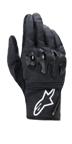 Alpinestars Morph Street Gloves, Black Short-Cuff Motorcycle Gloves, Textured MorphTech Weave fabric with glossy black knuckle protection, prominent white logo on cuff, urban riding gear