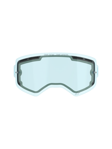 Alpinestars Supertech Dual Pane Vented Lens, Motocross Goggle Replacement Lens, Blue tint, featuring dual-pane polycarbonate construction, black foam seal, top and side ventilation ports, 'ONE GOAL. ONE VISION.' branding, anti-fog performance for off-road racing