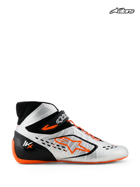 Alpinestars Tech-1 KX V3 Shoes - FIA, karting racing shoes, black, silver, and orange fluo, side profile view showing lightweight thermo-welded construction, asymmetric lacing, and FIA homologation details