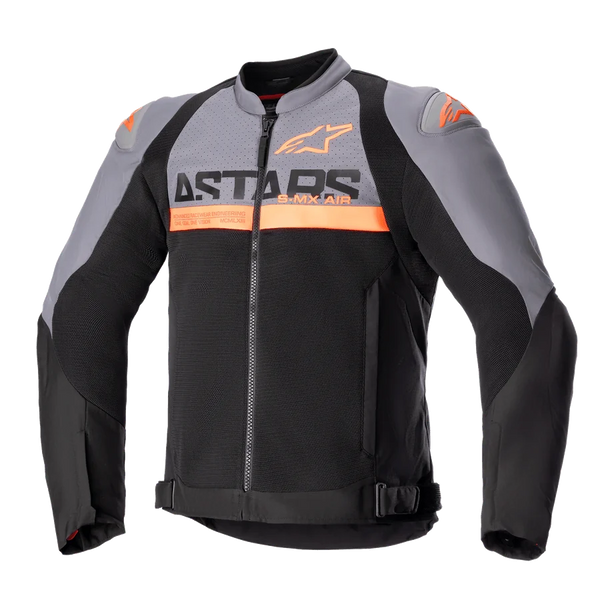 Alpinestars SMX Air Jacket, Motorcycle Sport Jacket, Dark Gray and Black with Orange Fluo accents, featuring perforated tech mesh panels and bold ASTARS branding on the chest, long sleeves, front zipper, and adjustable waist straps, technical ventilated riding gear.