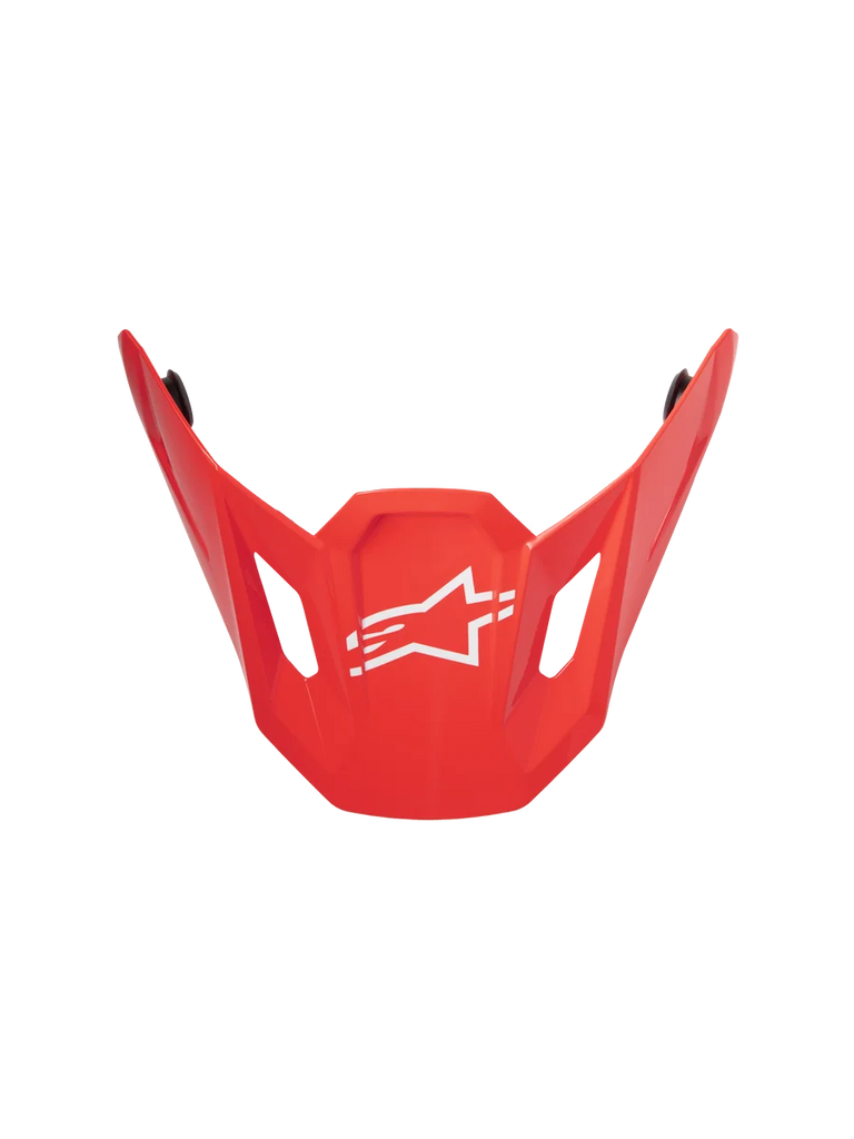 Alpinestars S-M7 Core ECE06 Visor, Red Glossy, motocross helmet replacement peak, featuring an angular aerodynamic design with a central white Alpinestars star logo, side ventilation cutouts, and a durable glossy finish