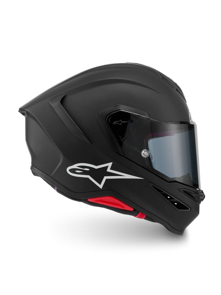 Alpinestars S-R7 Solid Helmet ECE06/DOT, Motorcycle Racing Helmet in Black Matte with white Alpinestars logo and red accent details, aerodynamic track and road design
