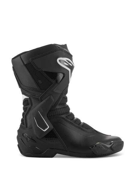 Alpinestars Stella SMX-6 V3 Boots, Women's Motorcycle Racing Boots, Black and White, side profile view featuring TPU ankle brace and shin protectors, breathable mesh panels, white Alpinestars logo on the front, engineered for track and street performance