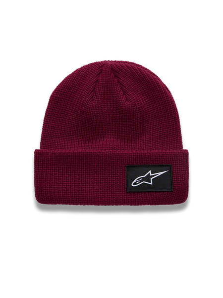Alpinestars Unload Rib Cuff Beanie, berry red knit acrylic winter hat featuring a black logo patch on the folded cuff.