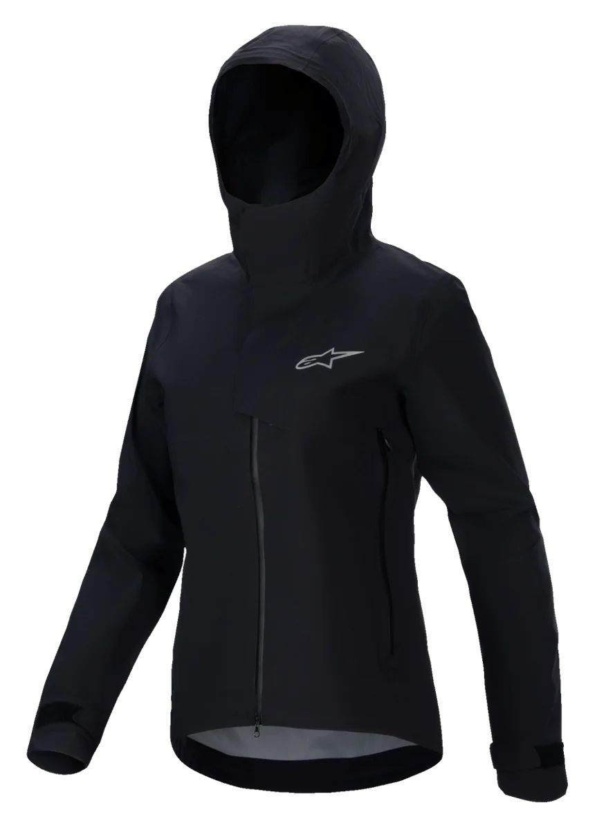Alpinestars Stella A-Dura Elite Waterproof Jacket, Women's Mountain Bike Jacket, Black, featuring a hooded design with a protective storm flap, front zipper, zippered hand pockets, and adjustable velcro cuffs, technical waterproof fabric with a silver logo on the chest