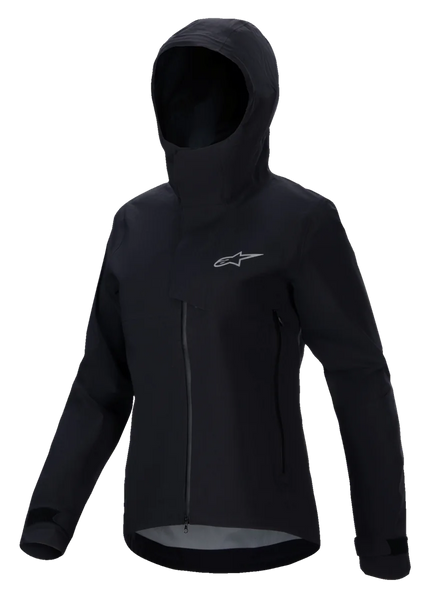 Alpinestars Stella A-Dura Elite Waterproof Jacket, Women's Mountain Bike Jacket, Black, featuring a hooded design with a protective storm flap, front zipper, zippered hand pockets, and adjustable velcro cuffs, technical waterproof fabric with a silver logo on the chest