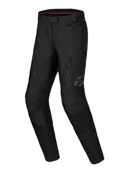 Alpinestars Stella ST-1 Waterproof Pants, Women's Adventure Touring Motorcycle Pants, Black, featuring front zippered pockets, reinforced knee panels, and reflective Alpinestars logo on the thigh, waterproof textile construction with pre-curved legs