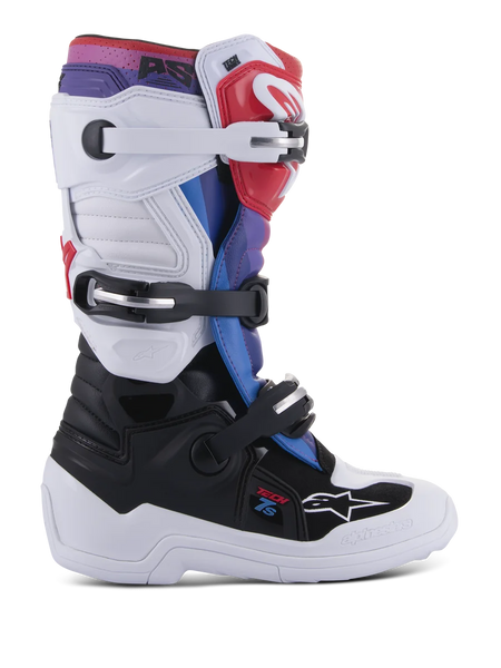 Alpinestars Youth Tech 7S Boots, Motocross Boots for Young Riders, White and Black with Red Blue and Purple accents, featuring a triple buckle closure system, protective TPU panels, and a durable thick white sole