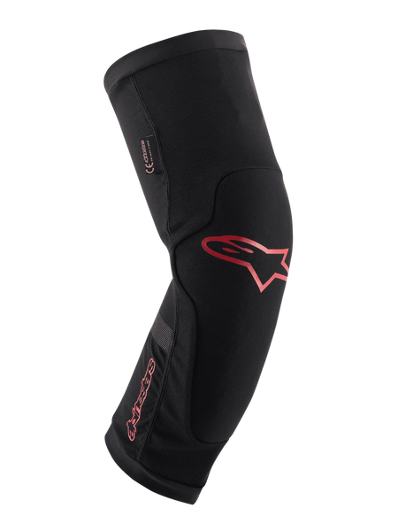 Alpinestars Paragon Plus Knee Protector, Black with Red Alpinestars logo and wordmark, ergonomic slip-on sleeve design, breathable mesh fabric with reinforced panels, mountain biking protective gear