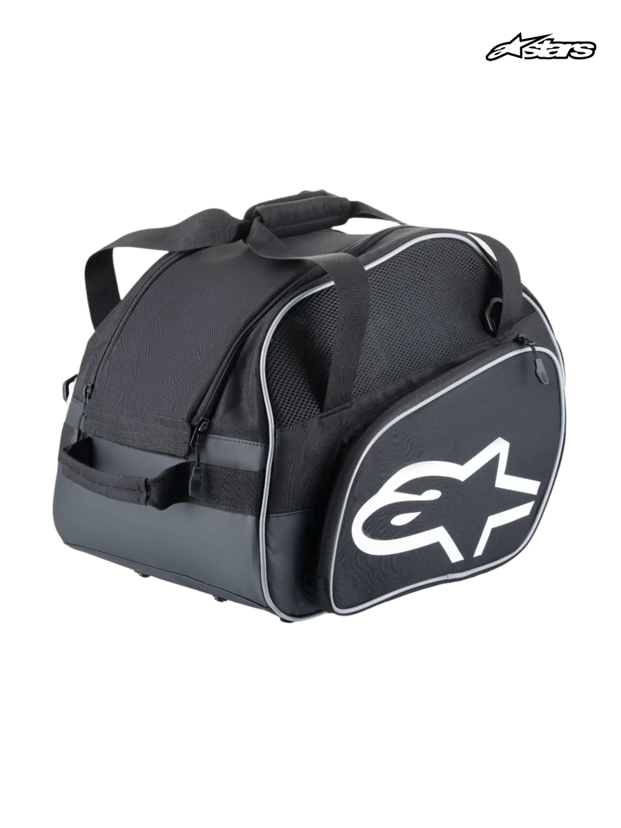 Alpinestars Flow V3 Helmet Bag, auto racing helmet and HANS device bag, black and white, lightweight polyester construction with side pocket, rigid base, and white Alpinestars logo