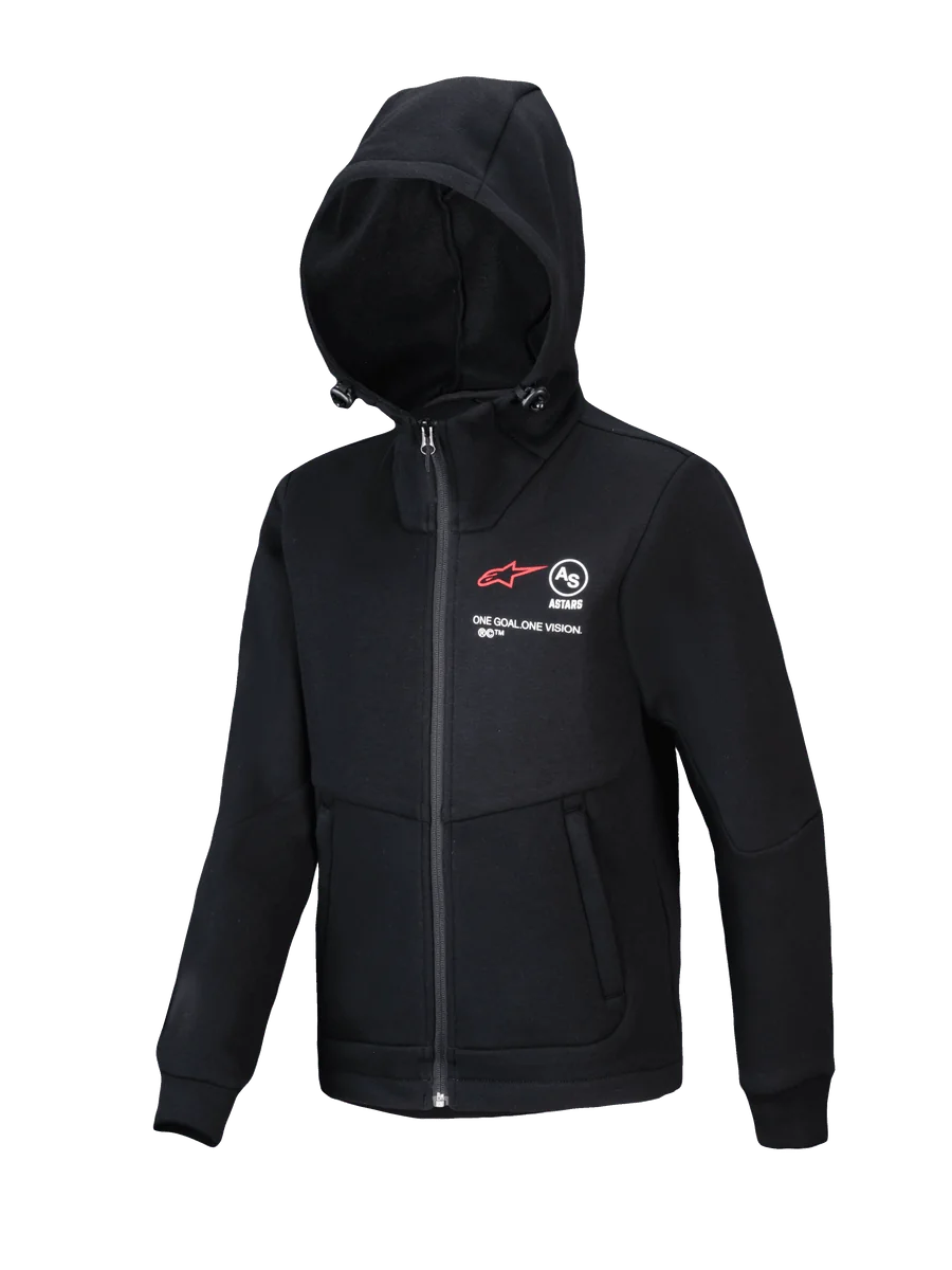 Alpinestars Youth Racer MX Fleece, Black Motocross Hoodie, full-zip jacket with adjustable hood, featuring red A-star logo and "ONE GOAL. ONE VISION." branding, zippered hand pockets, casual performance wear for youth riders