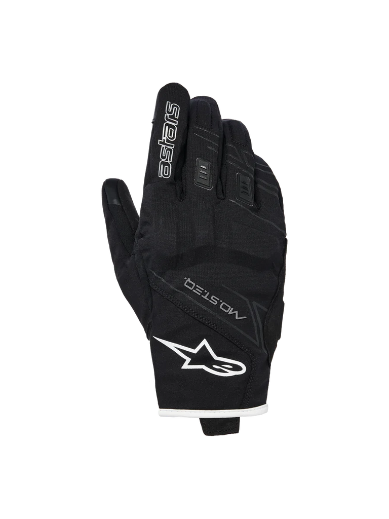 Alpinestars Stella Moblast Waterproof Gloves, Women's Motorcycle Gloves, Black with white trim, backhand view showing Alpinestars logo, MO.ST.EQ branding, and soft knuckle protection.