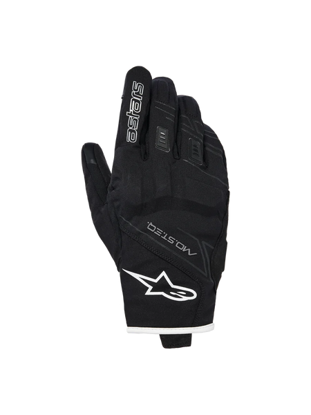 Alpinestars Stella Moblast Waterproof Gloves, Women's Motorcycle Gloves, Black with white trim, backhand view showing Alpinestars logo, MO.ST.EQ branding, and soft knuckle protection.