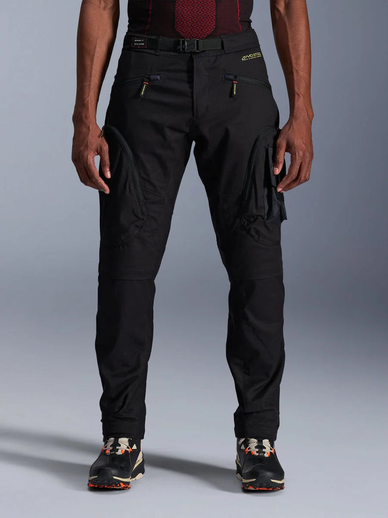 Alpinestars Acteon Pants, Black Urban Motorcycle Pants, tapered regular fit featuring side cargo pockets with reverse coil zippers, integrated waist belt and yellow branding, protective textile riding gear