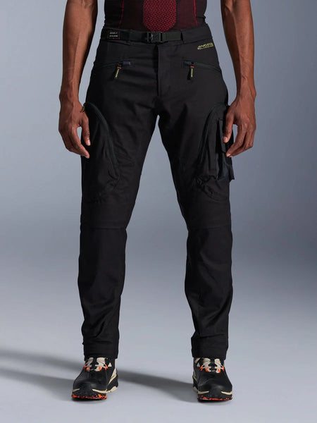 Alpinestars Acteon Pants, Black Urban Motorcycle Pants, tapered regular fit featuring side cargo pockets with reverse coil zippers, integrated waist belt and yellow branding, protective textile riding gear
