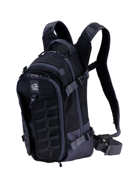 Alpinestars AT-15 Back Pack, technical motorcycle backpack, Black and Deep Gray, featuring a rugged front MOLLE panel, adjustable compression straps, padded shoulder straps with magnetic chest lock, and All Terra logo, designed for adventure off-road riding