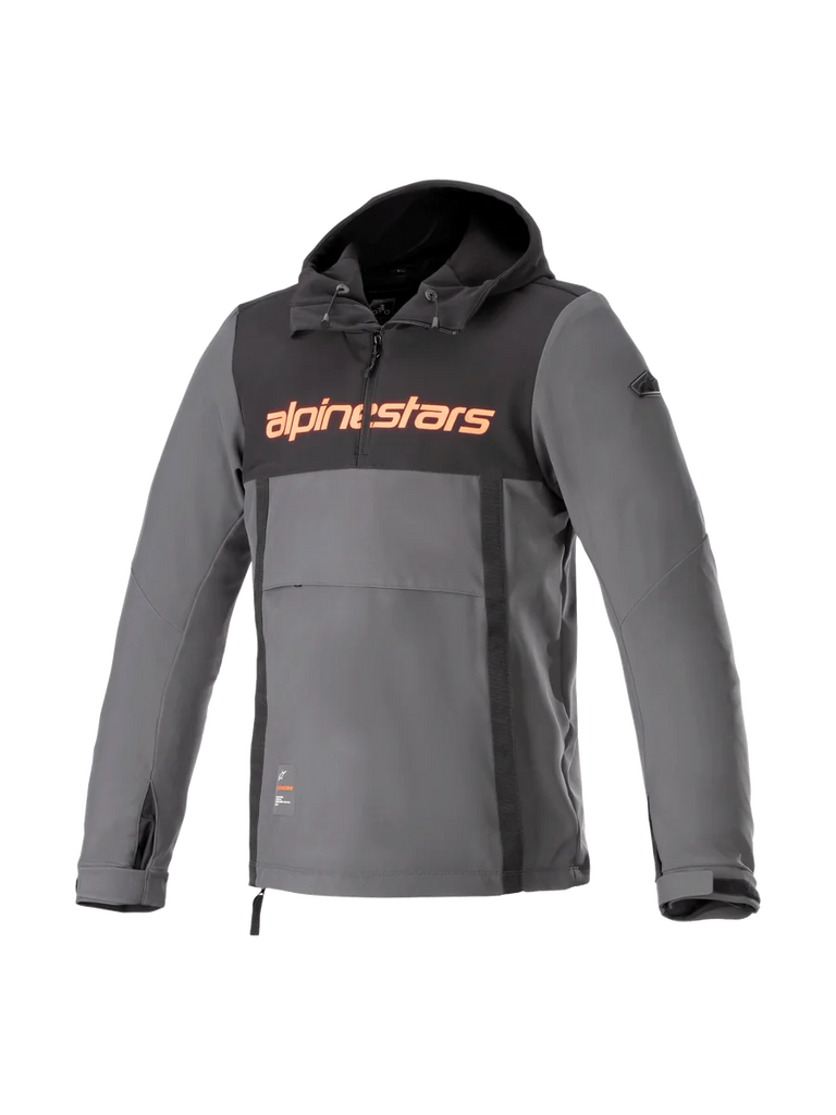 Alpinestars Sherpa Hoodie, gray and black urban motorcycle anorak, windproof softshell with red logo.