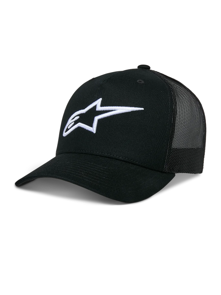 Alpinestars Ageless Trucker Hat, Black mesh-back baseball cap, White 3D embroidered Astars logo, Structured crown and curved brim, Casual lifestyle headwear