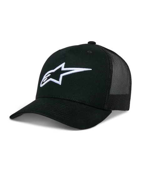Alpinestars Ageless Trucker Hat, Black mesh-back baseball cap, White 3D embroidered Astars logo, Structured crown and curved brim, Casual lifestyle headwear