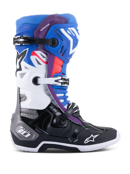 Alpinestars Tech 10 Supervented Boots, Motocross Racing Boots, Blue Purple White Black and Red, side profile view featuring a triple buckle closure system, ventilated zones, and Alpinestars star logo branding.