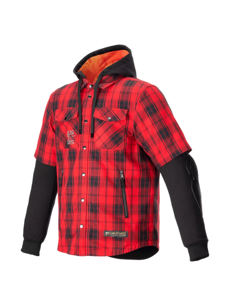Alpinestars MO.ST.EQ Tartan Shirt, Men's Urban Motorcycle Jacket, Flame Red and Black, CE Certified Armor, Integrated Hoodie