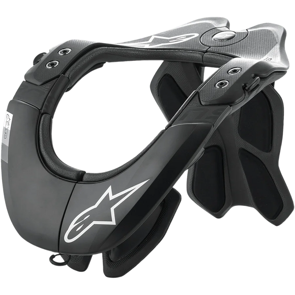 Alpinestars BNS Tech 2 Neck Support, Motocross Neck Brace, Black and Cool Gray, carbon polymer frame with carbon fiber texture, white Alpinestars star logos, featuring an ergonomic rear stabilizer and cushioned padding, professional off-road racing protection