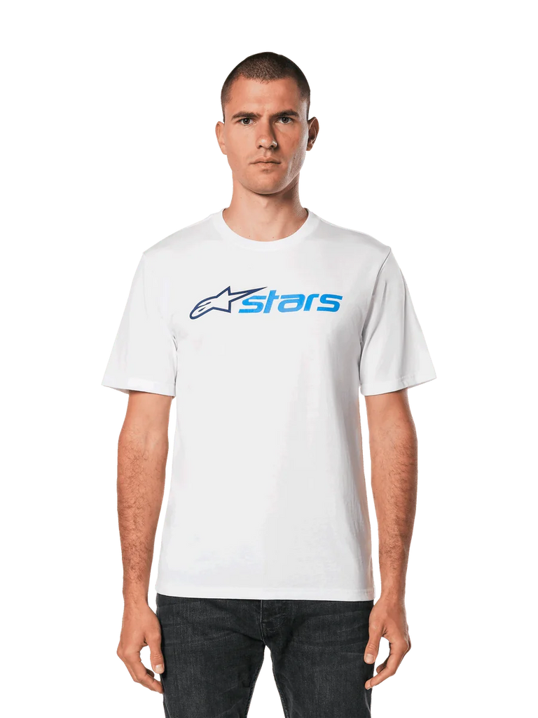 Alpinestars Blaze 2.0 CSF Tee, White Short Sleeve T-Shirt, Blue Alpinestars Logo Graphic, Casual Motorsport Streetwear, Worn with Dark Jeans