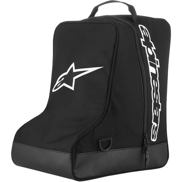 Alpinestars Boot Bag, Motocross gear storage, Black with white star logo and vertical wordmark, top webbing haul handle, reinforced tarpaulin base, durable 600D polyester, designed for off-road footwear