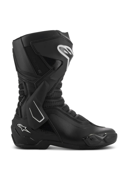 Alpinestars SMX-6 V3 Drystar Boots, Black performance motorcycle riding boots shown from a side profile, featuring white logo accents, TPU lateral ankle brace, reinforced shin plate, and flexible mesh panels.
