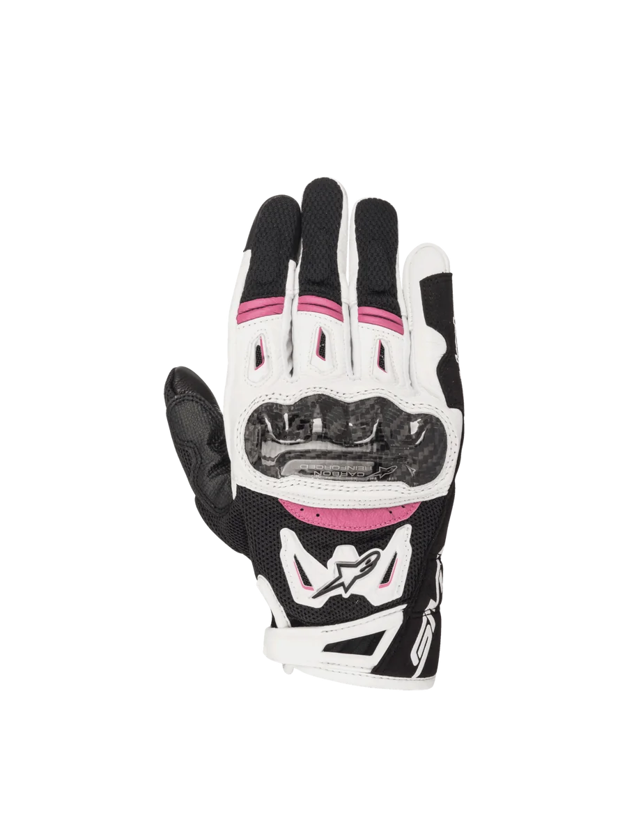 Alpinestars Stella SMX-2 Air Carbon V2 Women's Motorcycle Gloves, black/white/fuchsia, featuring carbon knuckle protection.