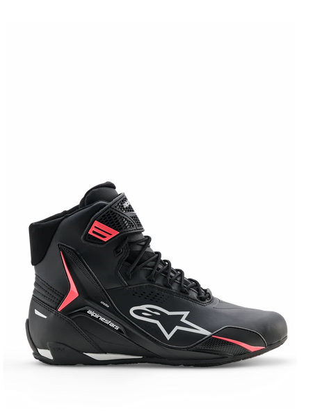 Alpinestars Stella Faster-4 Drystar® Shoes, Women's Motorcycle Riding Shoes, Black with Gray and Coral Fluo accents, high-top design with side branding and hook-and-loop strap, waterproof microfiber for sports riding